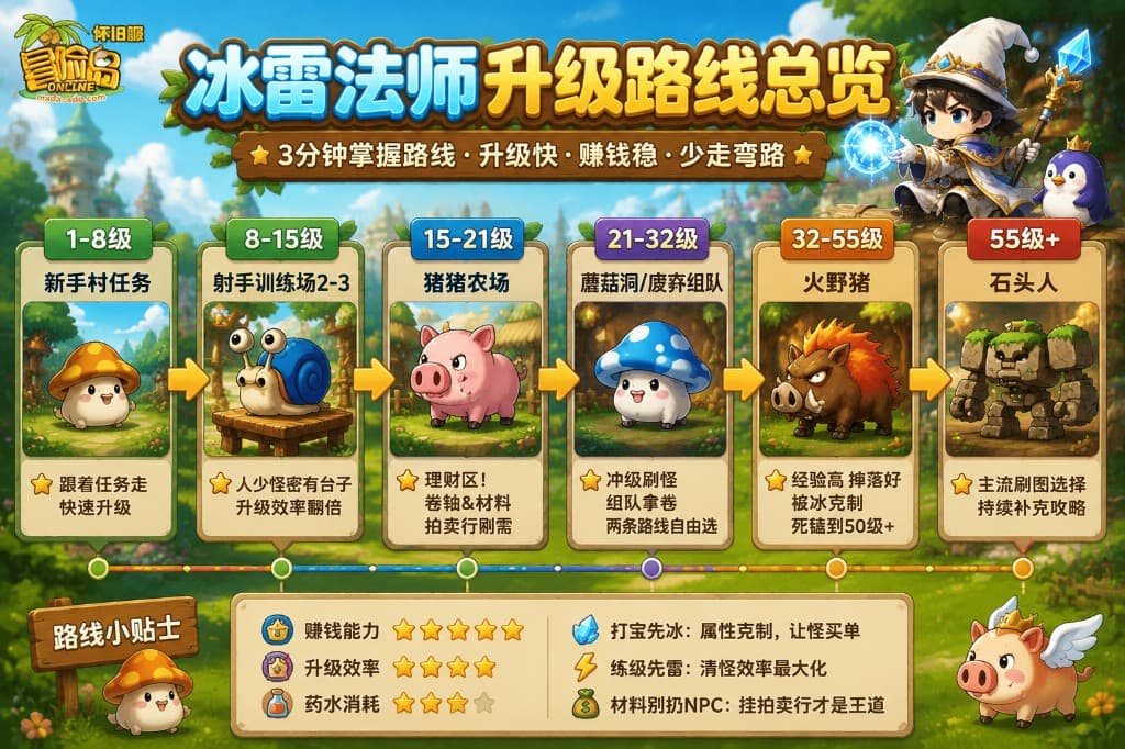 冰雷法师 1 至 55 级升级路线总览:1-8 级转职、8-15 级射手训练场、15-21 级猪猪农场、21-32 级组队或蘑菇洞、32-55 级火野猪与备选风独眼兽、55 级以后石头人路线